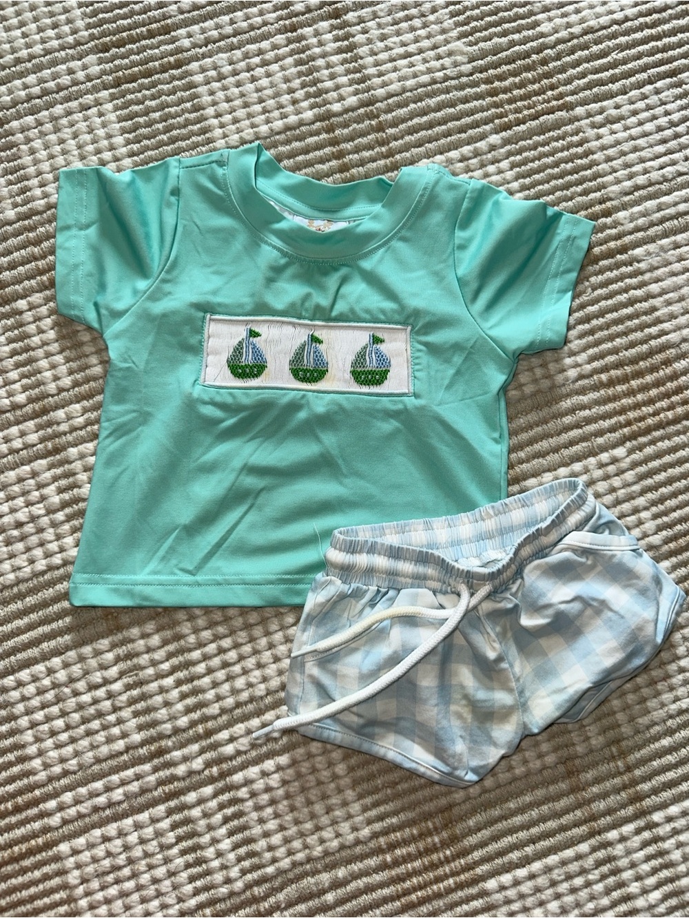 Busy Bee Smock Mint Sailboat Smocked Matching Set with Light Blue Gingham Shorts